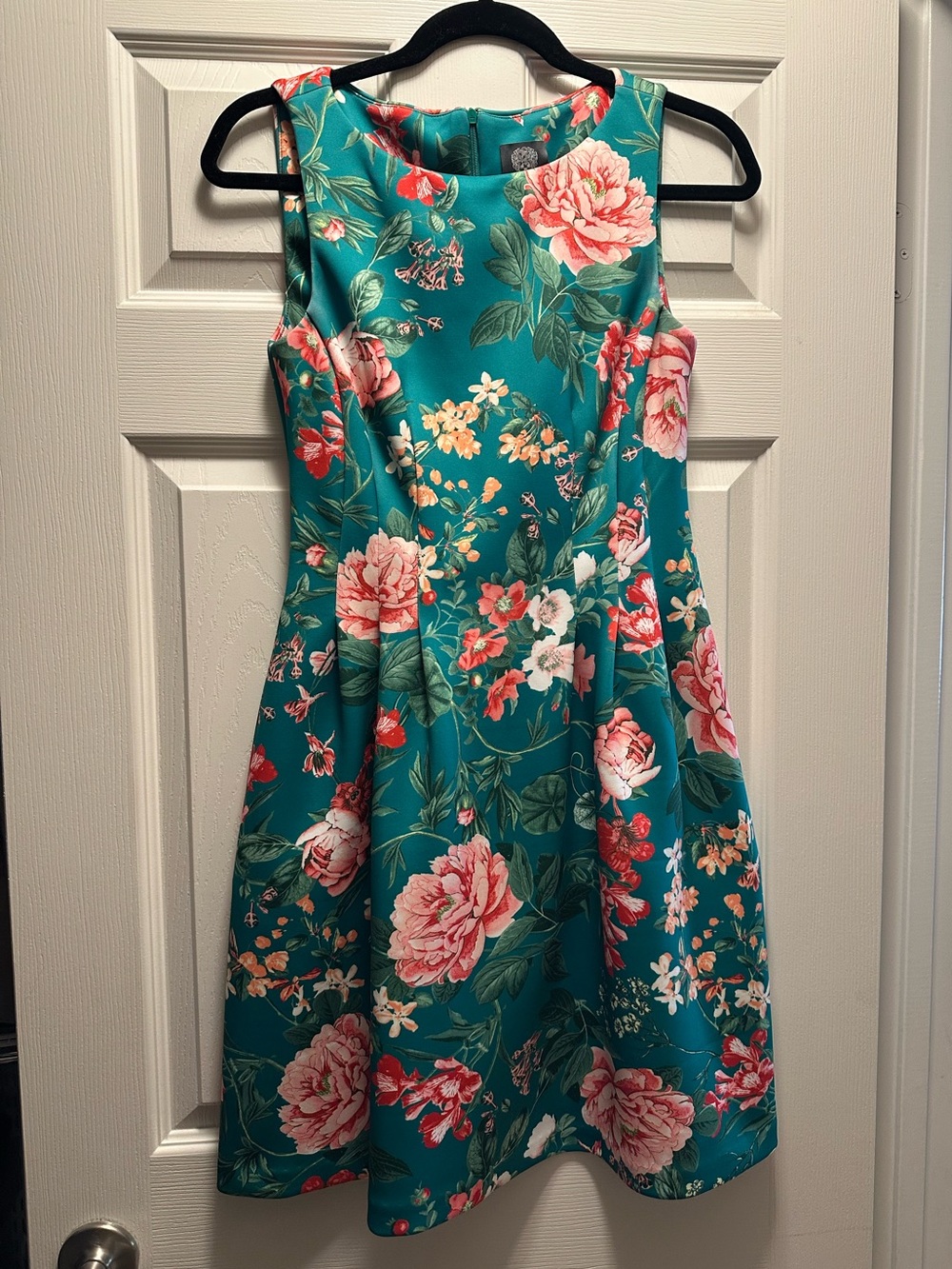 Vince Camuto Teal Floral Sleeveless Fit-and-Flare Dress
